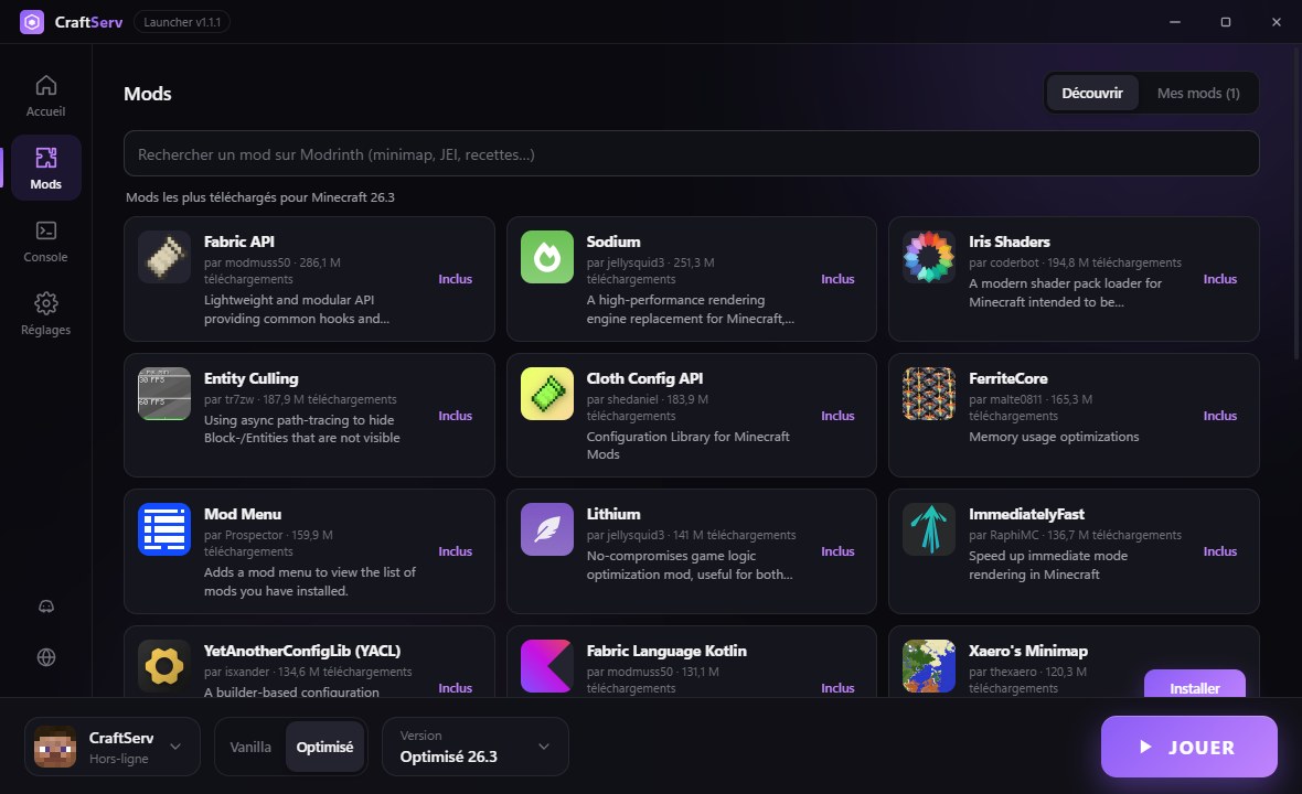 Onglet Mods du launcher avec la recherche Modrinth