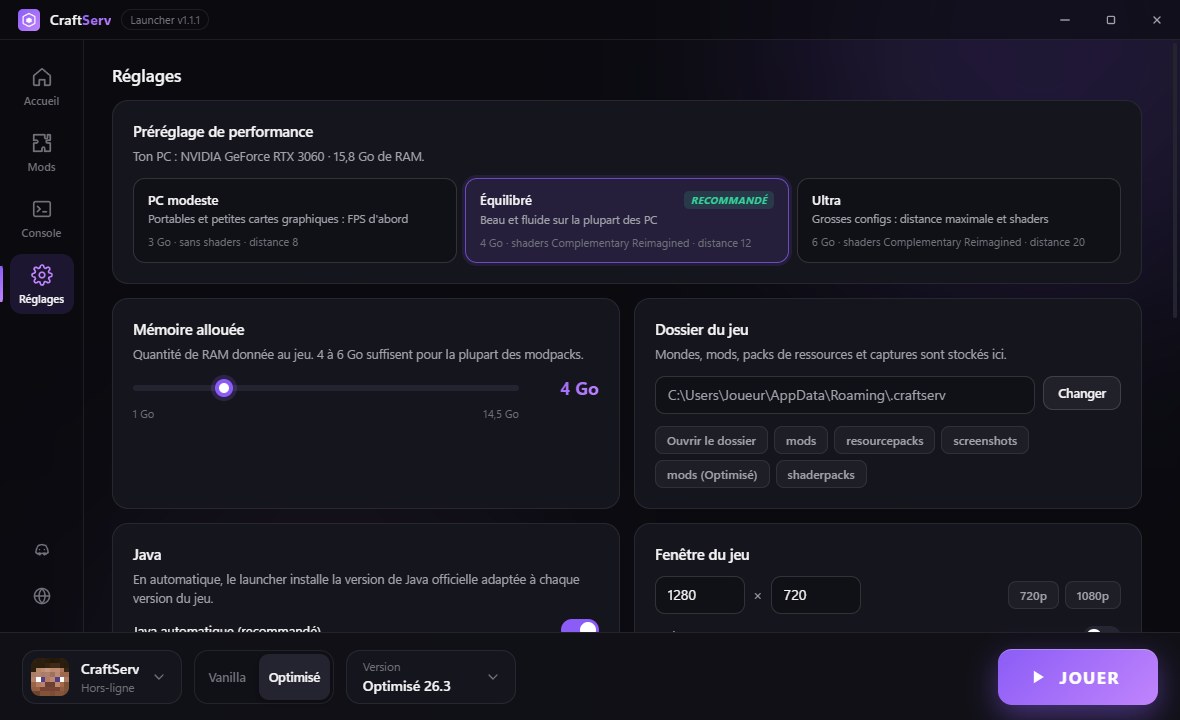 Réglages du launcher avec les préréglages de performance